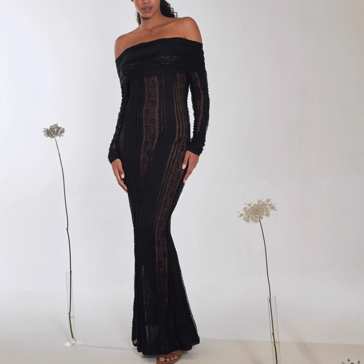 Women's new sexy one-word shoulder dress fashionable slim-fit lace hollow long-sleeved autumn and winter hip skirt