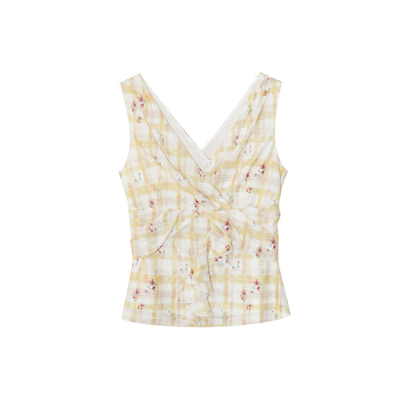 Plaid V-Neck Lace-Up Sleeveless Camisole Top