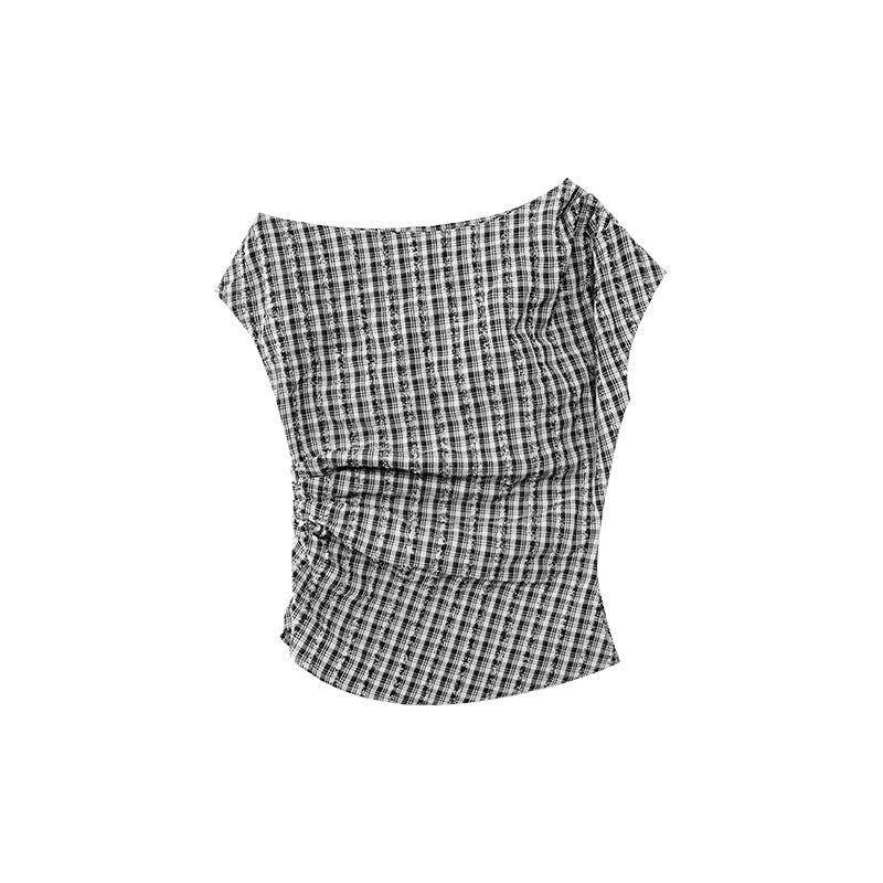 French design temperament slim-fit plaid slanted shoulder top
