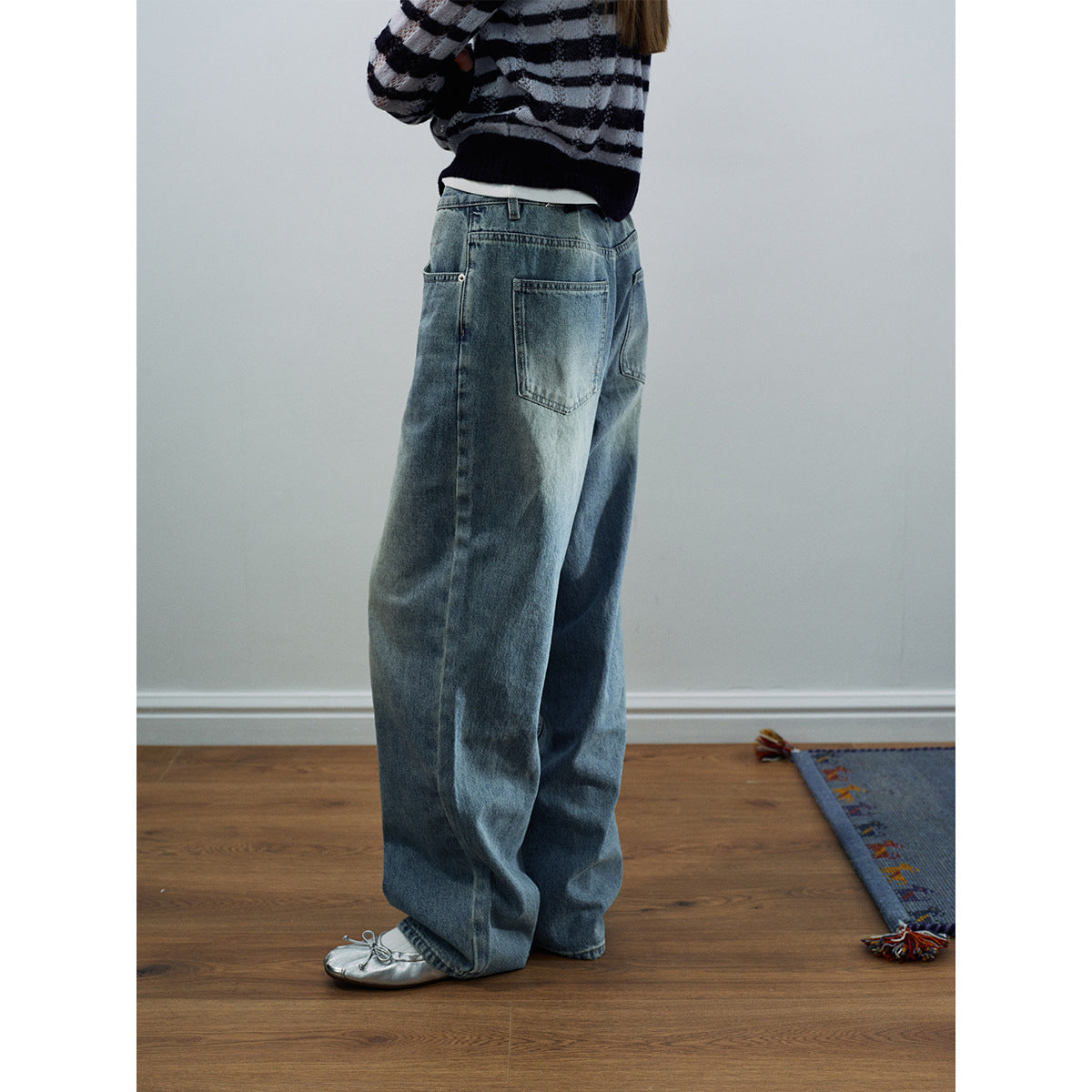 Spring casual high-waisted old-fashioned dirty basic versatile long straight jeans