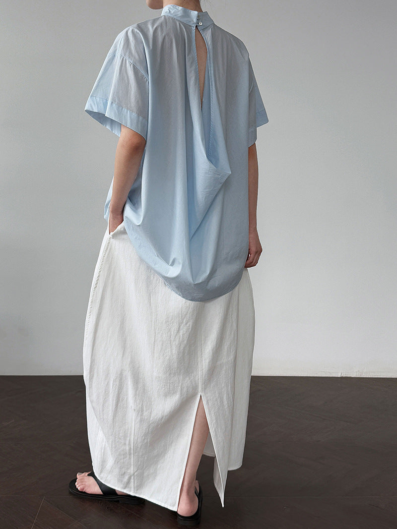 Korean-inspired, niche design blouse with a cutout back. new summer lightweight stand collar short-sleeve shirt for women