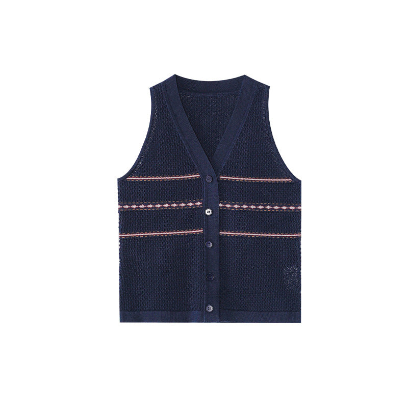 Simple striped cotton single-breasted v-neck sleeveless knitted vest
