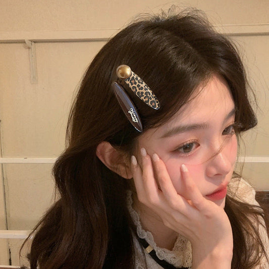Premium leopard print coffee color hairpin mature temperament duck bill clip side bangs clip Korean retro pair clip hairpin