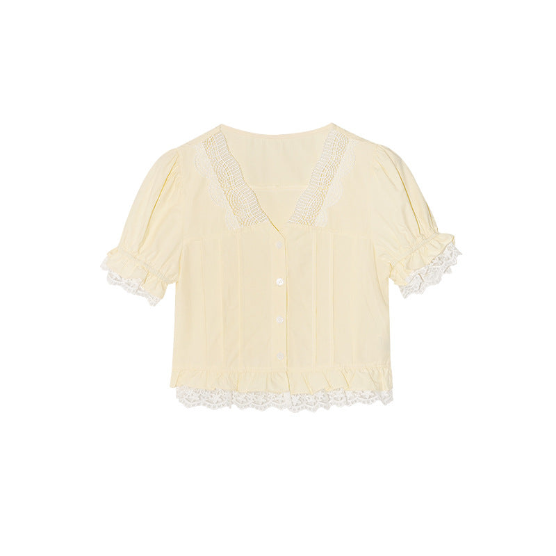 Small shirt lace edge splicing short sleeve shirt