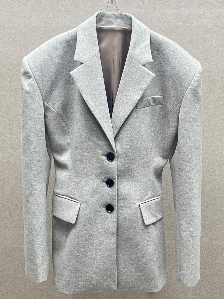 Wool Blazer Women Slim Fit Suit Collar Three-Button Mid-Length Jacket