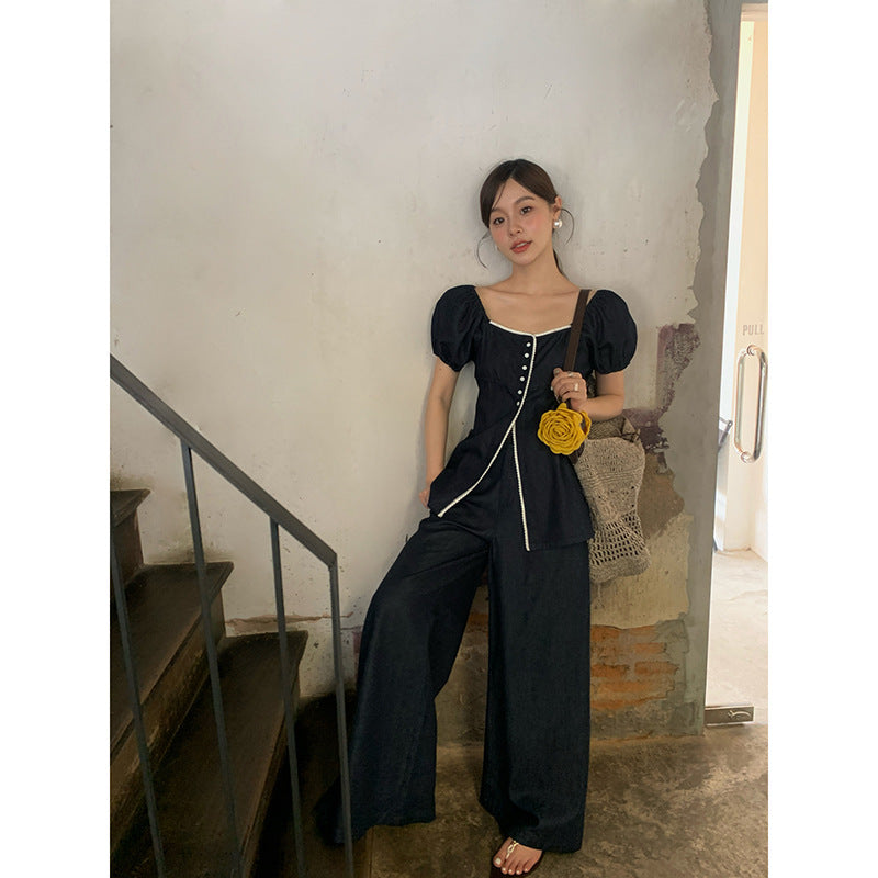 Contrast Denim Square Neck Top