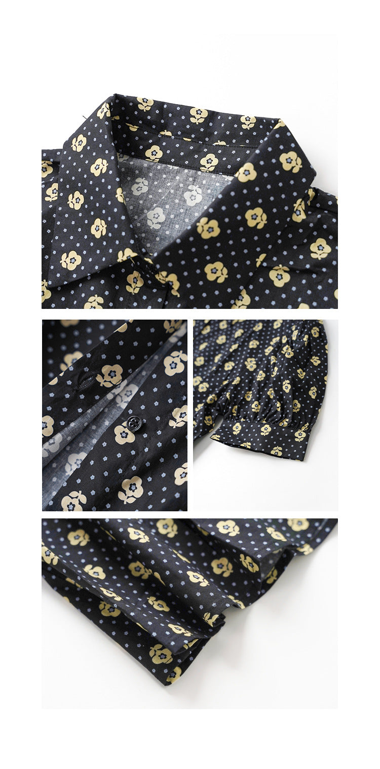 Floral Print Polo Collar Puff Sleeve Cotton Shirt