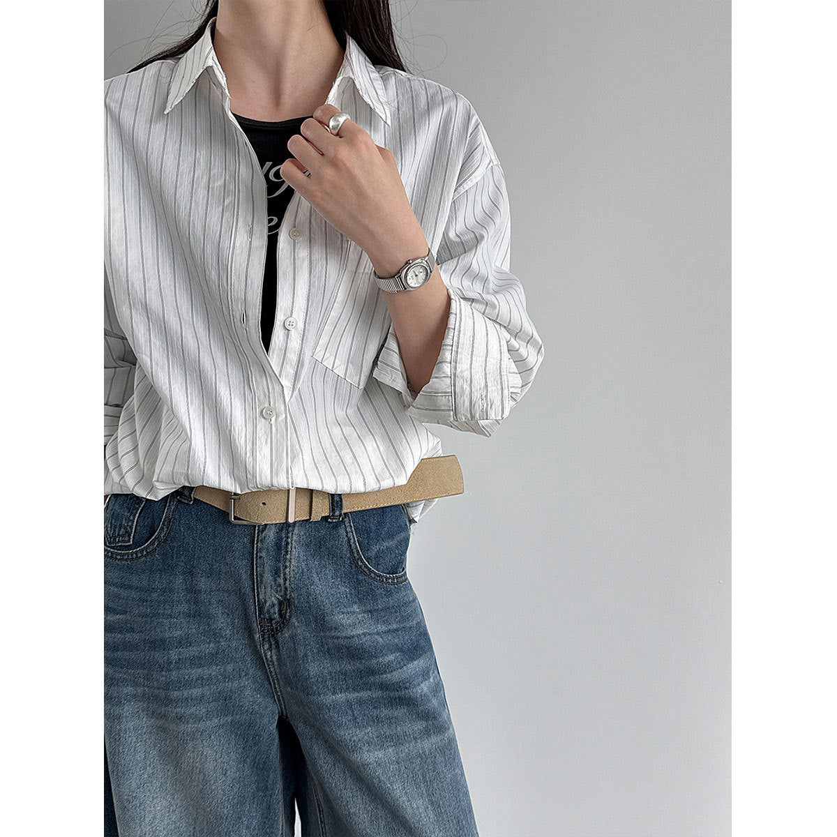 Korean lazy wind pinstripe shirt women's spring new versatile and thin sunscreen jacket