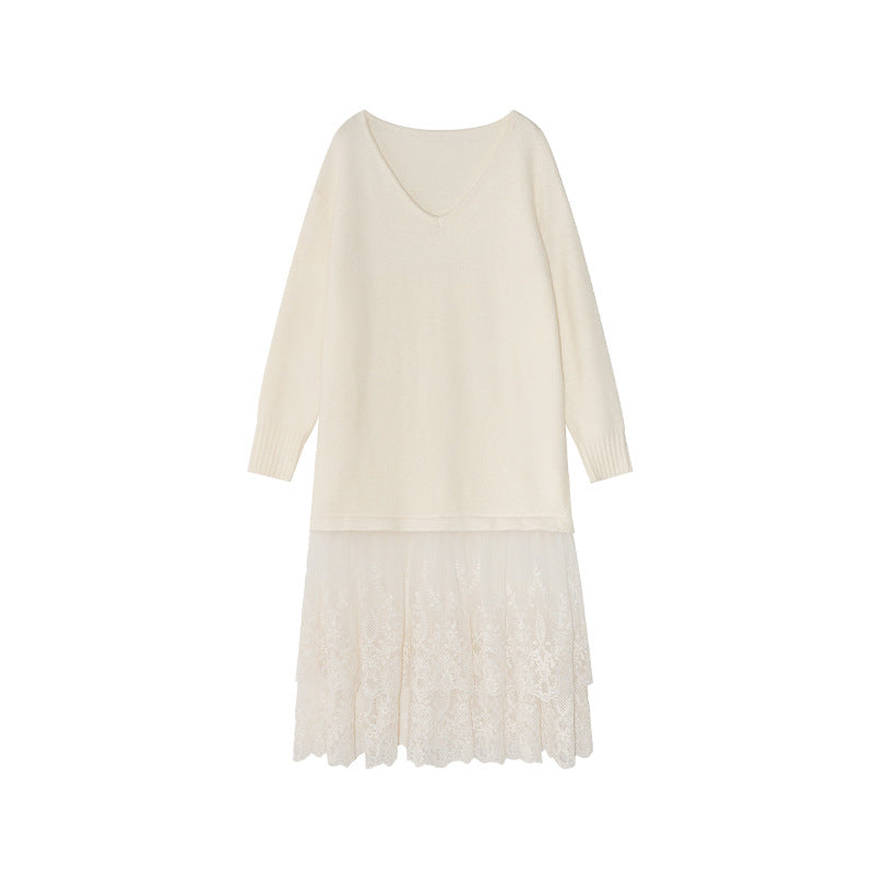 Gentle temperament atmosphere lace splicing sweater dress