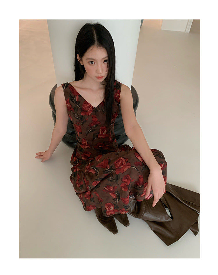 Rose print v-neck sleeveless tank top dress