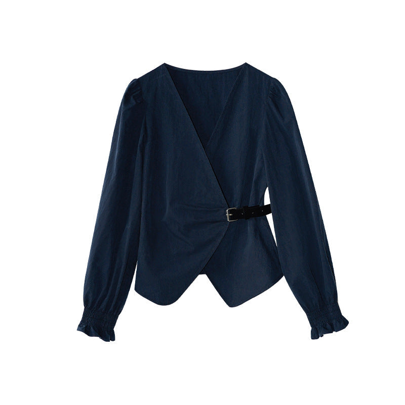 Temperament diagonal placket waist leather buckle v-neck long-sleeved shirt