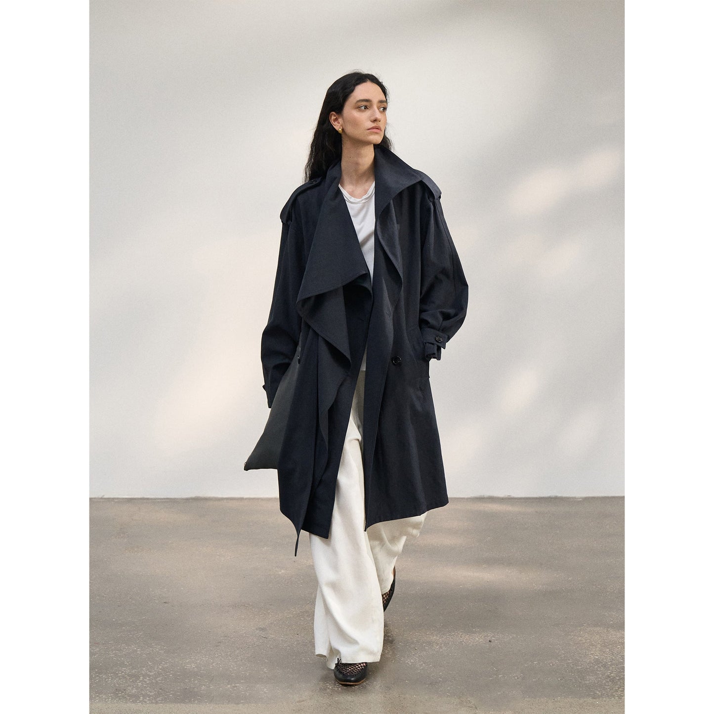 Spring new Tencel linen scarf collar cotton and linen blended large profile trench coat
