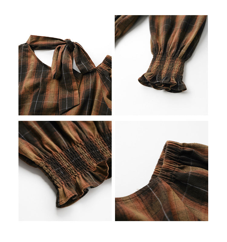 Women's Plaid Print Diagonal Collar Asymmetric Sleeve Waist-Defining Shirt