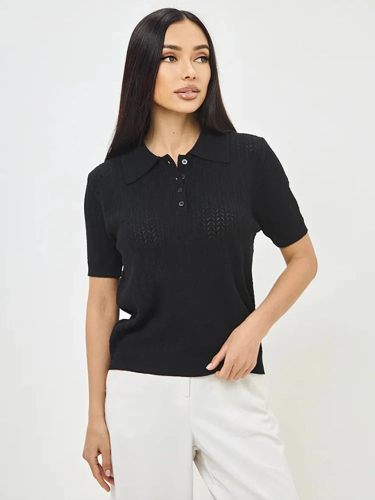 Lapel Short Sleeve Knit Loose Pullover Tee