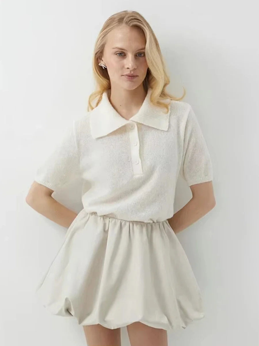 Polo Collar Knit Top Puff Sleeve Hollow-Out Loose Fit