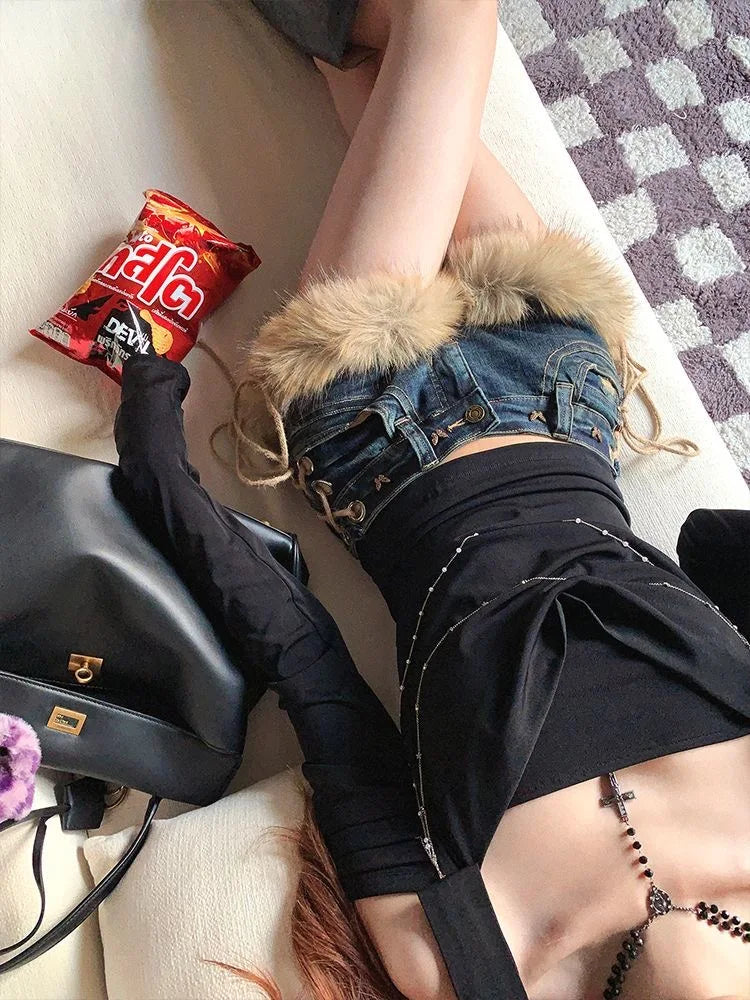 Y2K Denim Shorts Women Low Rise Fluffy Splicing Strap Slim Hot Pants