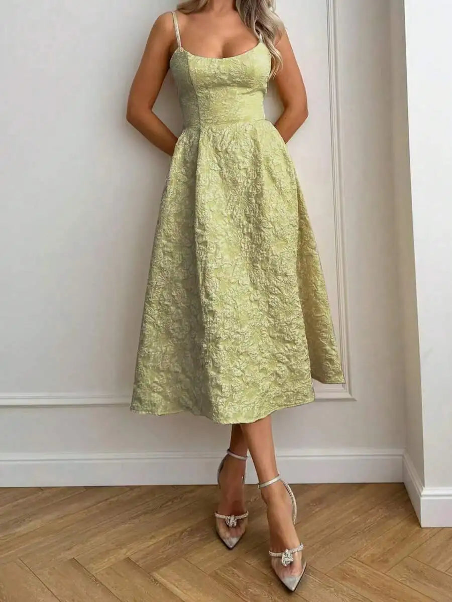 Elegant Solid Color French Style Sling Midi Dress with Waist Detail