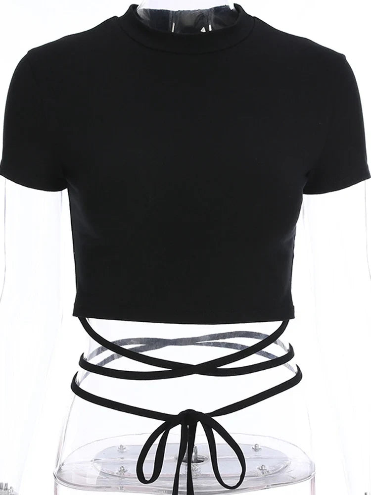 Sexy Short Sleeve Bandage Crop Top O-Neck Slim Fit High Street Tee