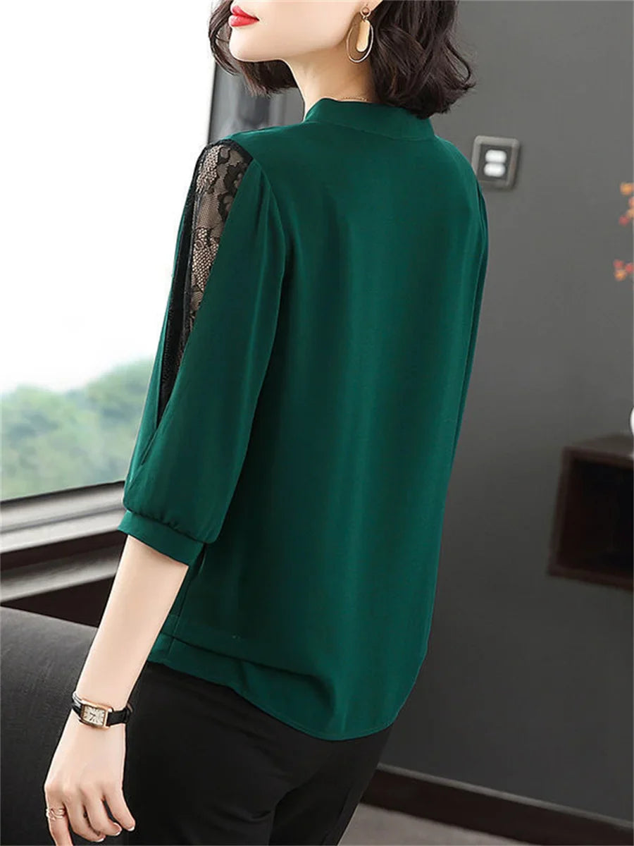 Women's Bow Blouse - Bow Collar Half Sleeve Loose Fit Top