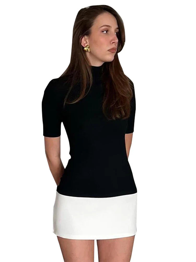 Patchwork Turtleneck Short Sleeve Bodycon Mini Dress