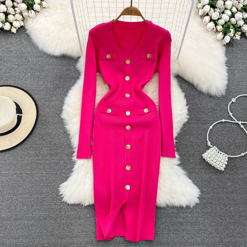 REALEFT Autumn Winter V-Neck Women's Knitted Dresses 2024 New Single Breasted Long Sleeve Solid Front Split Midi Dresses Female