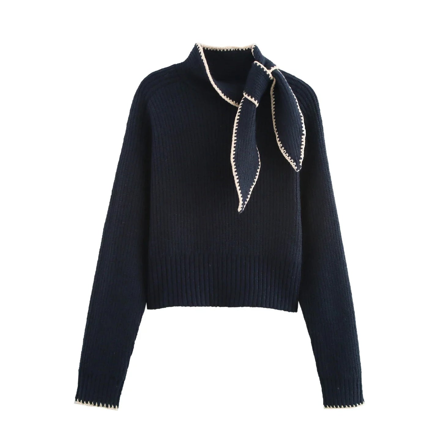 Bow Collar Knit Sweater Long Sleeve Regular Fit Pullover