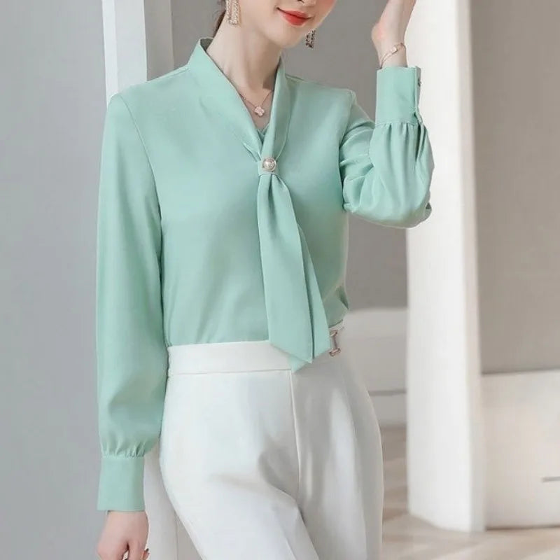 Women's Bow Tie Collar Blouse - Long Sleeve Casual Top