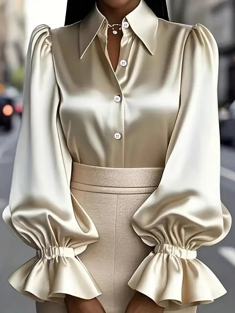 Women's Satin Blouse with Ruffled Sleeves - Office Casual Top