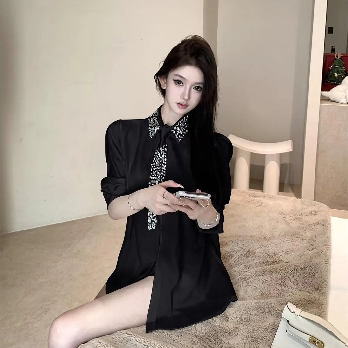 Women's White Shirt New Spring Autumn Crystal Beading With Necktie Chiffon Shirt Female Blouses Ladies Tops Women Clothing