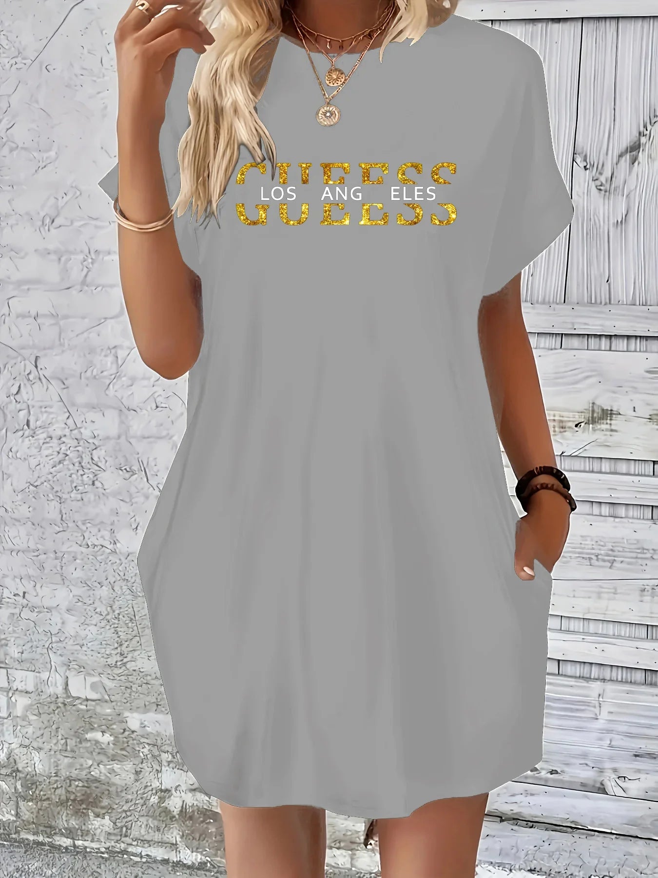 Letter Print Round Neck Short Sleeve Pocket Dress