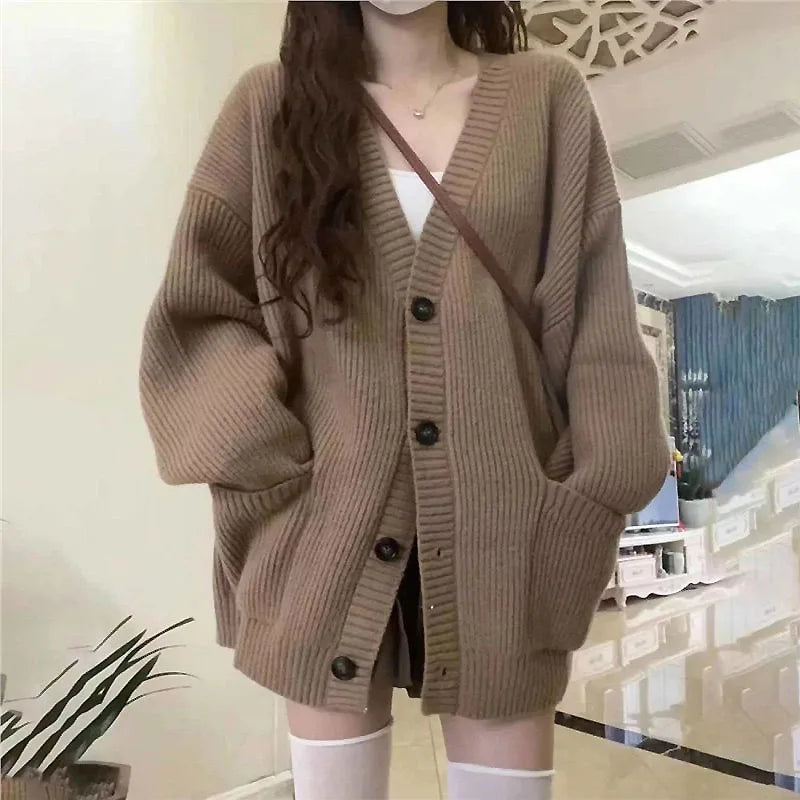 Women's Korean Style V-Neck Cardigan - Loose Fit Knit Sweater