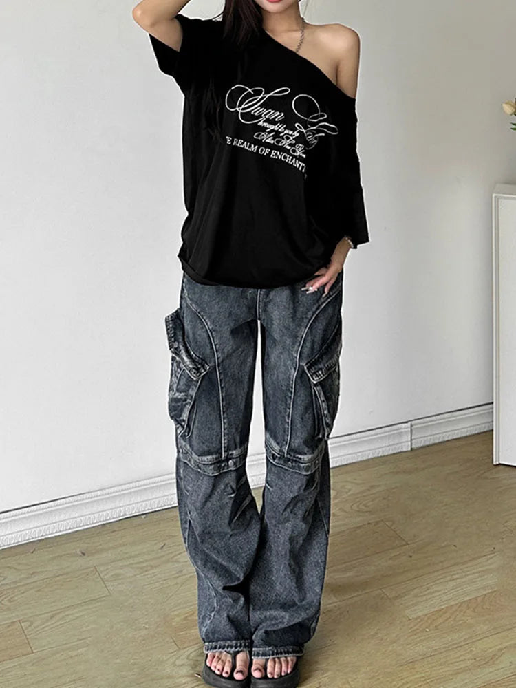 Skew Collar Drop Shoulder Letter Print Oversized Long Tee