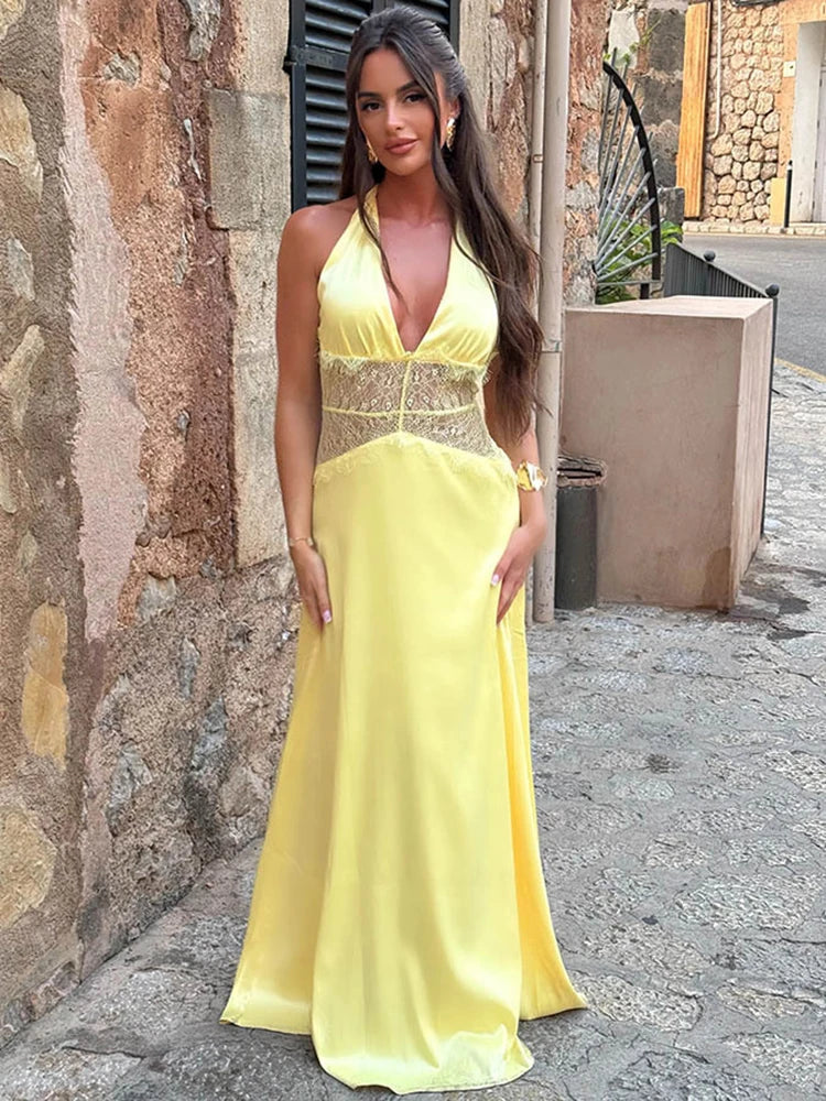 Mozision Summer Backless Sexy Maxi Dress Women Gown Patchwork Lace Halter Deep V Neck Sleeveless High Waist Elegant Long Dress