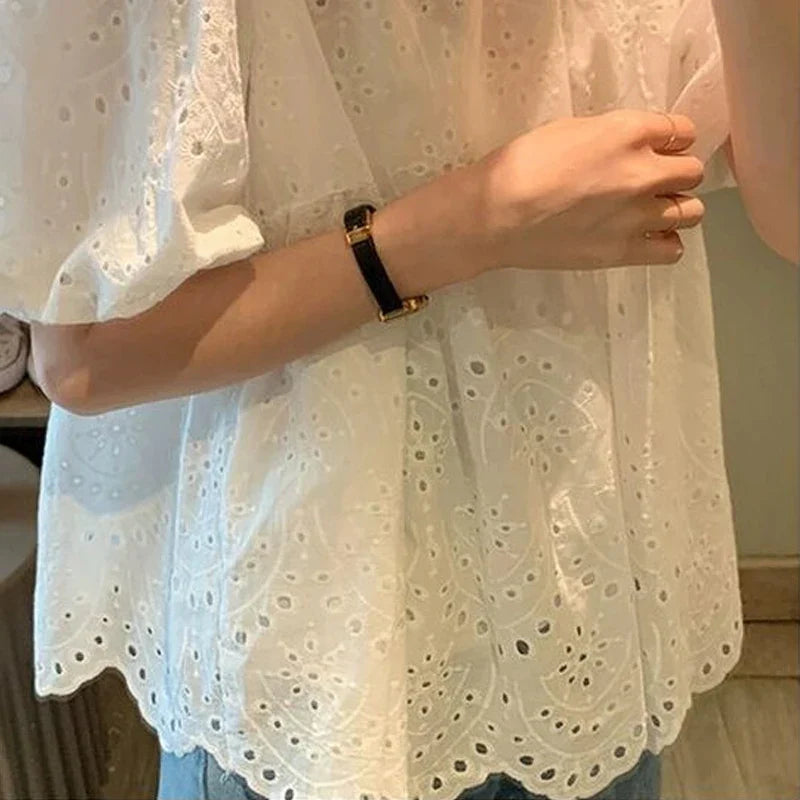 French Style Embroidered Lace Blouse Women White Short Puff Sleeve Round Collar