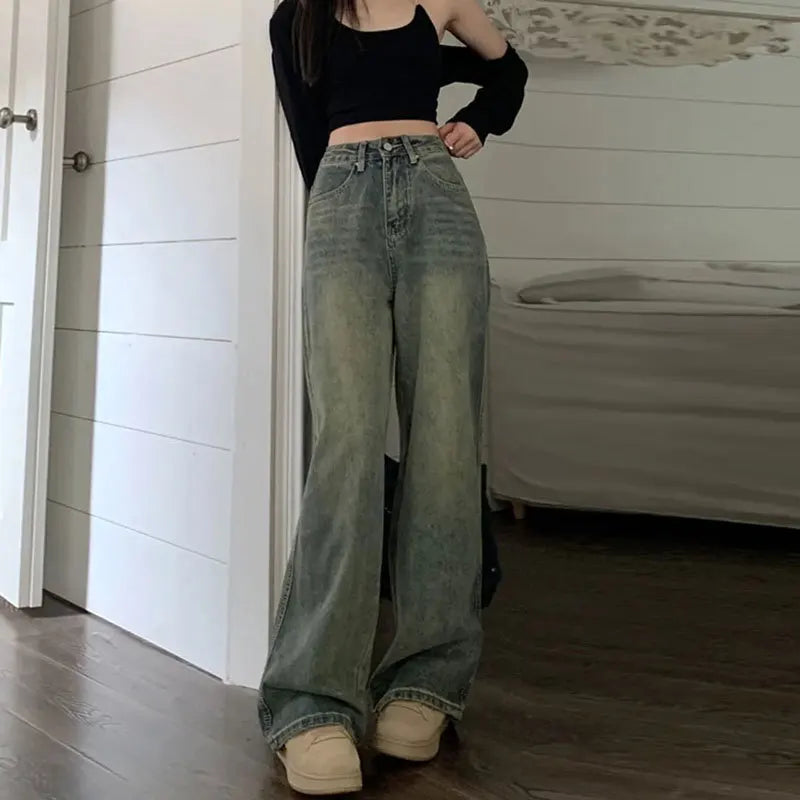 High Waist Wide Leg Jeans Vintage Straight Ankle Length Slimming