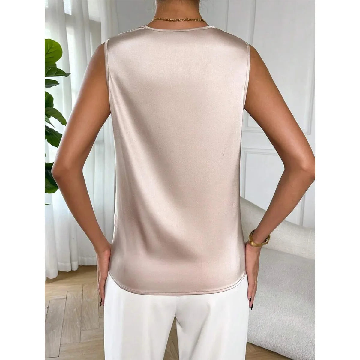 Satin V-Neck Draped Ruffle Sleeveless Tank Top