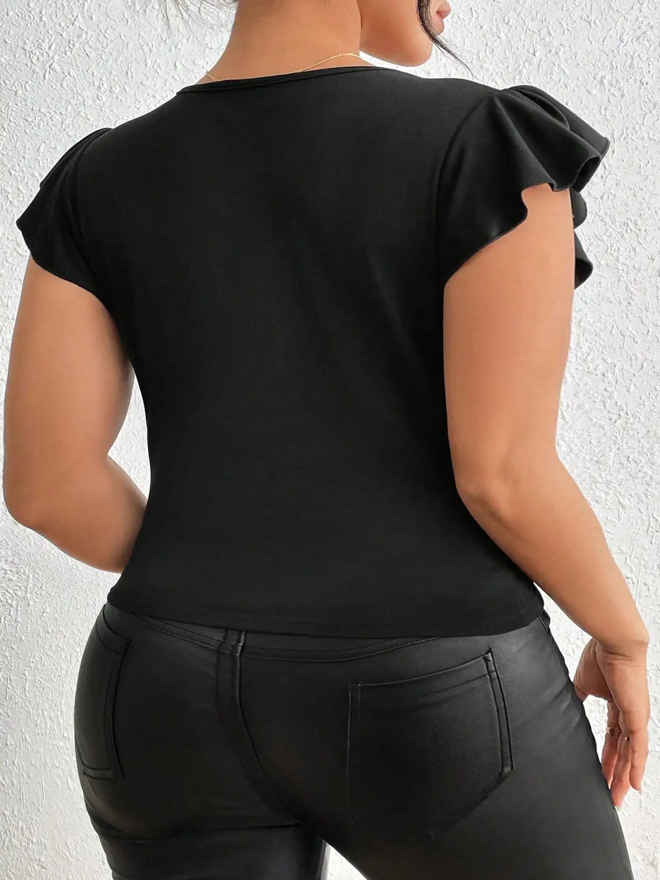 Women Plus Size V-Neck High-Stretch Solid Color Patchwork Ruffle Sleeve T-shirt