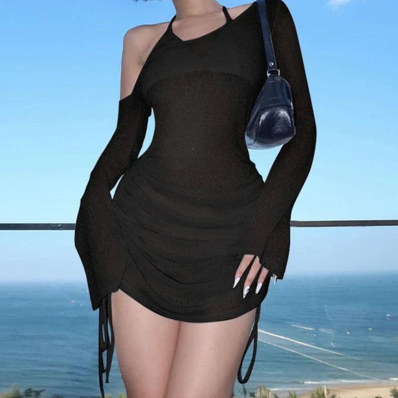Solid Skew Collar Ruched Straps Lace-Up See Through Draw String Mini Dress