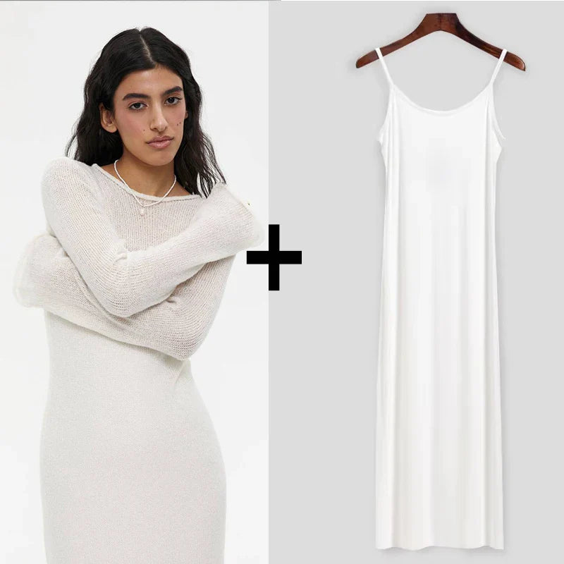 Knit Sweater Midi Dress Round Neck Long Sleeve Loose Hollow-Out