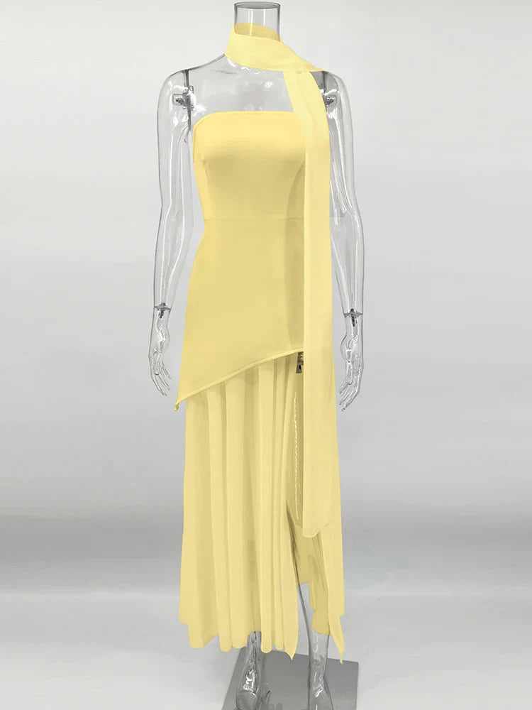 Strapless Mesh Maxi Dress Sleeveless Ribbon Patchwork Beach Vacation
