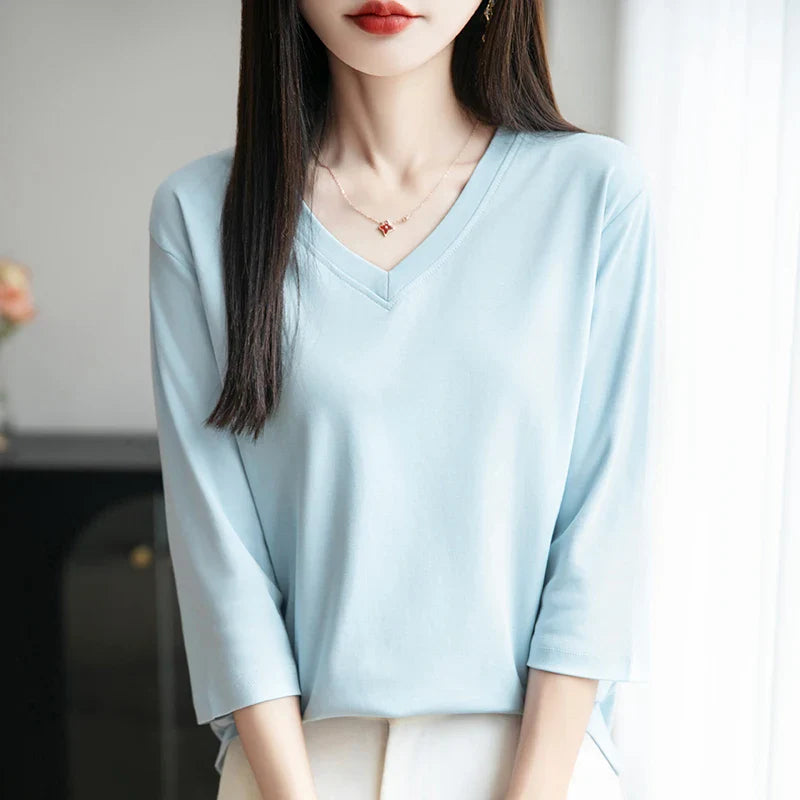Women's Cotton V-Neck Cropped Sleeve T-Shirt