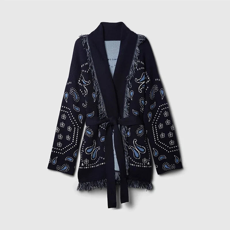 Women's Geometric Print Cardigan - Tassel Patchwork Knit Sweater