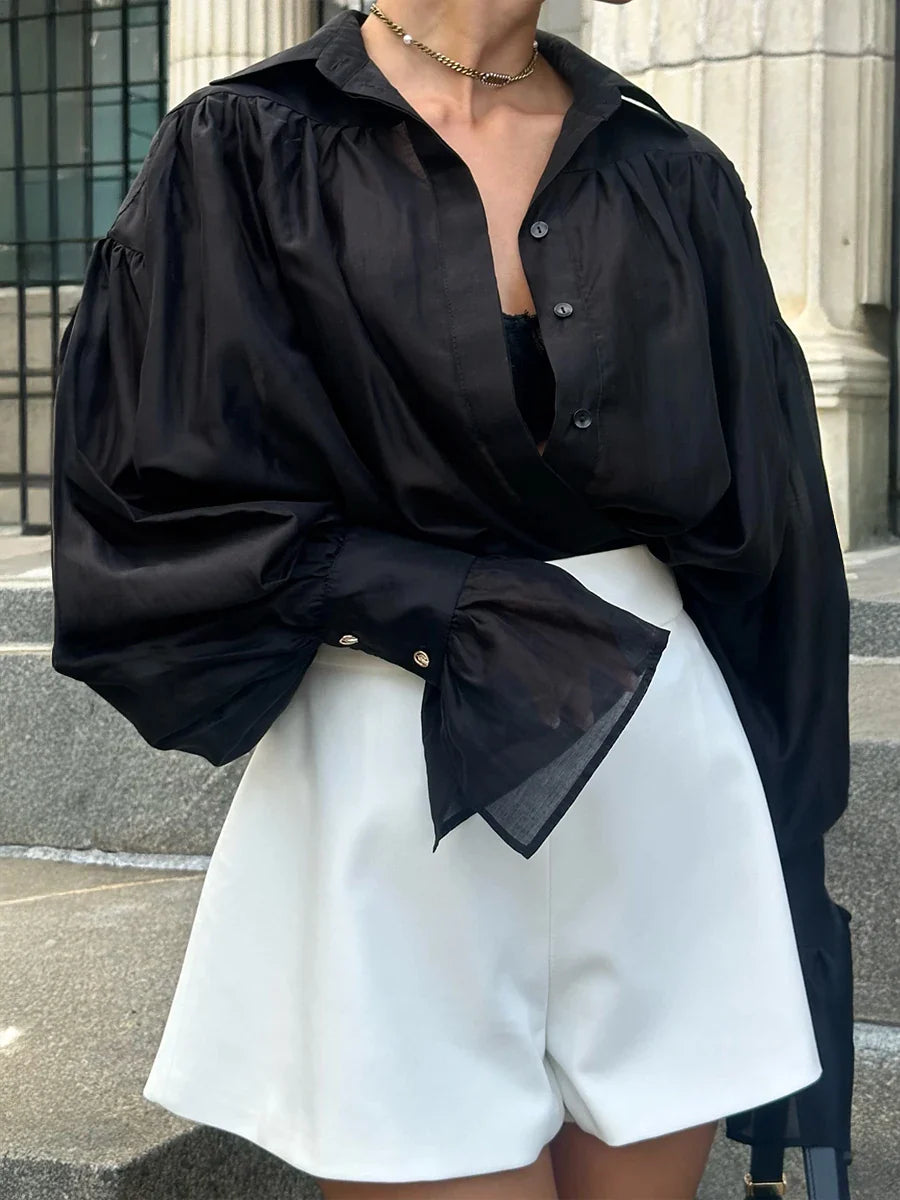 Turn-Down Collar Chiffon Shirt Long Sleeve Loose Fit Blouse