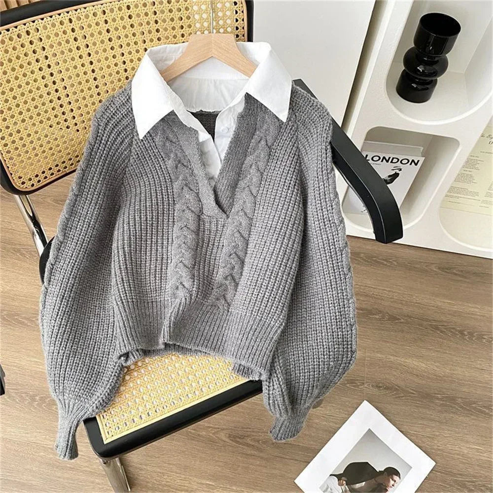 Turn-Down Collar Layered Knit Sweater Long Sleeve Slim Fit