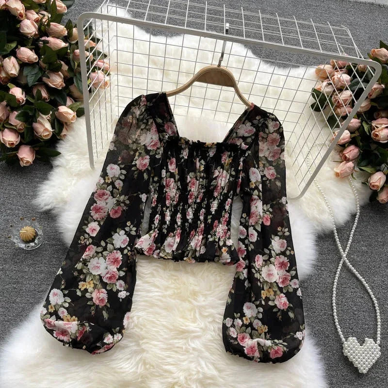 Pink Floral Chiffon Blouse Women Square Collar Lantern Sleeve Korean Fashion