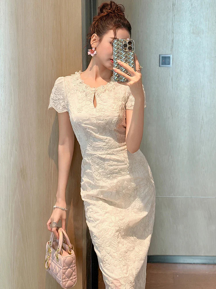 Women's Elegant Floral Embroidery Midi Dress