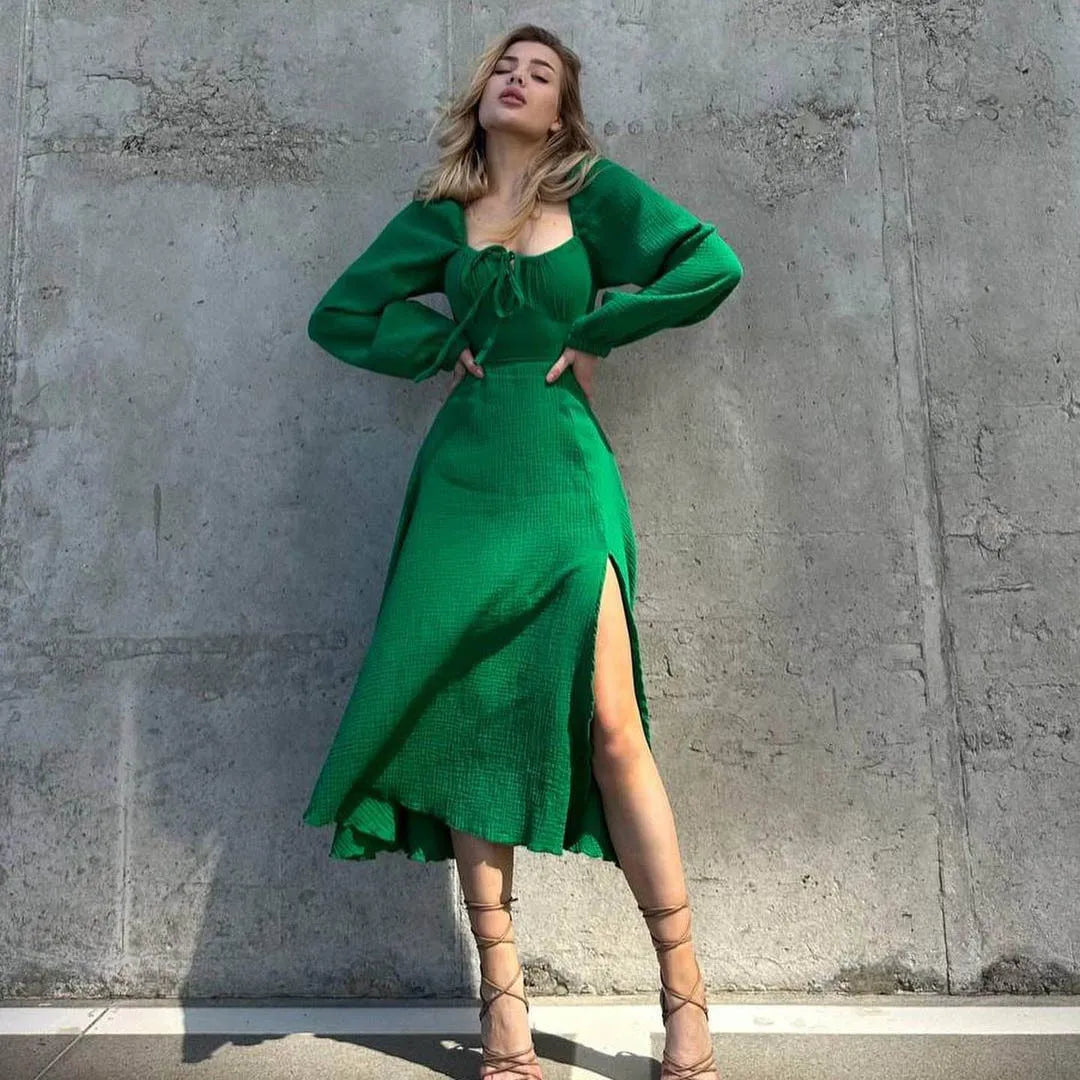 Lace-Up Square Collar Sexy Dress Women Lantern Sleeve Cotton Slit Midi Dress Streetwear