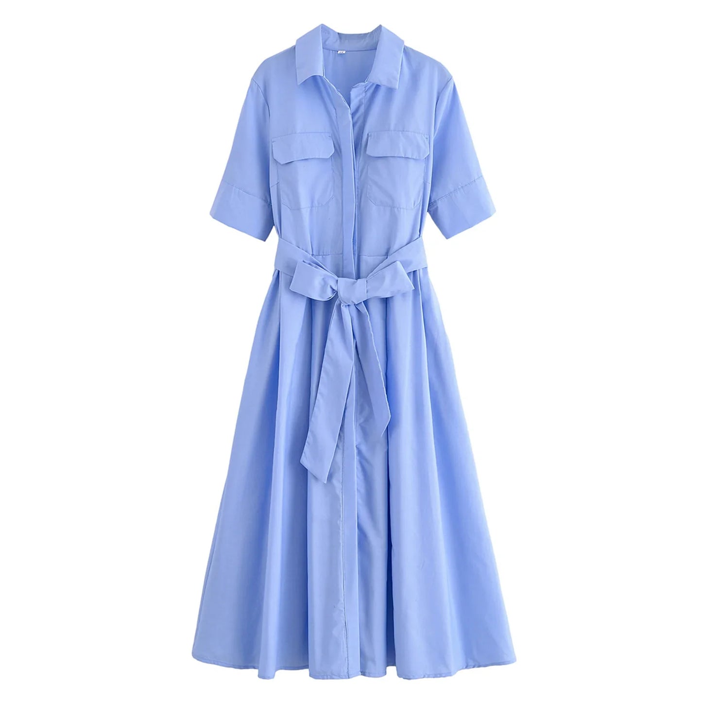 Women's Lapel Shirt Midi Dress with Belt