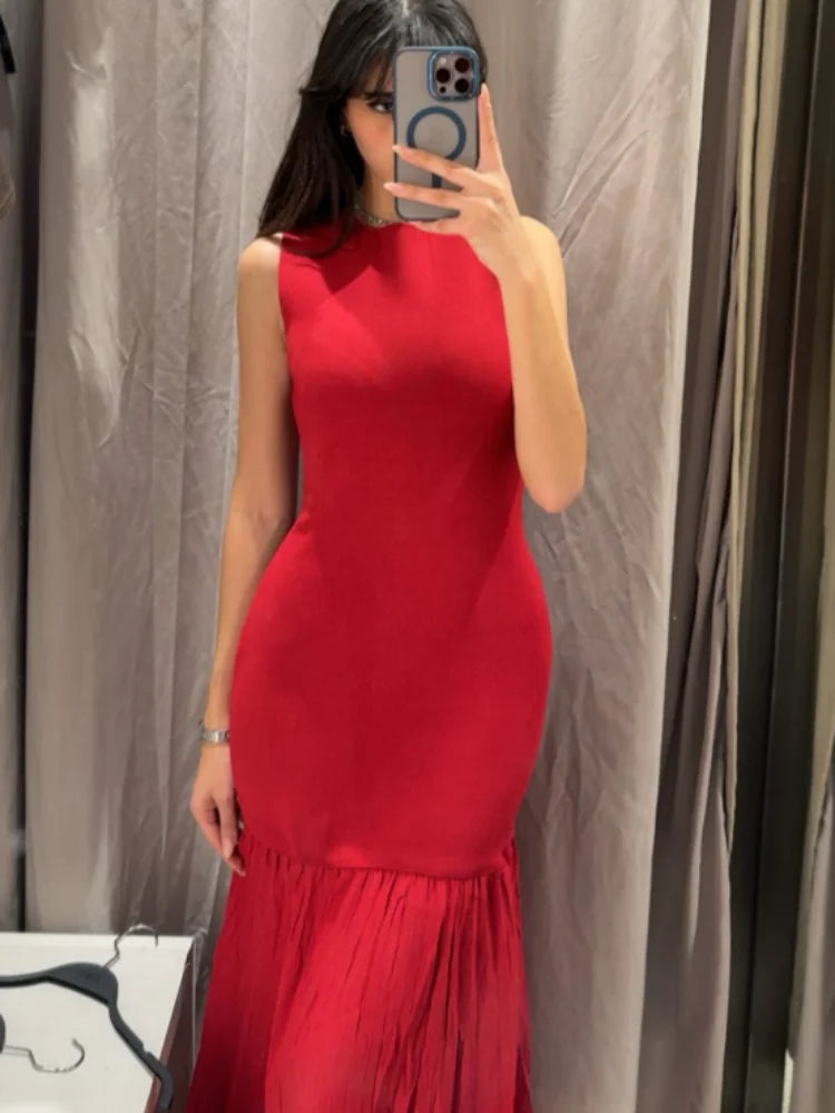 Women's Chic Splicing Maxi Dress - Half Sleeve Pleated A-Line Dress