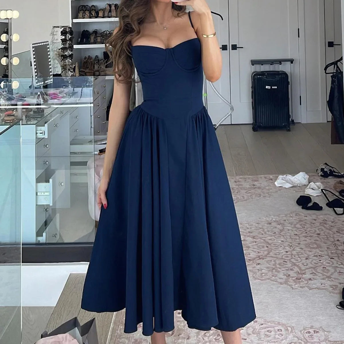 Spaghetti Strap Summer Party Midi Dress Fit and Flare Elegant Night Date Dress